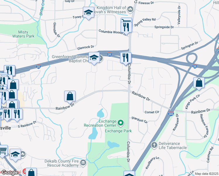 map of restaurants, bars, coffee shops, grocery stores, and more near 3300 Rainbow Drive in Decatur