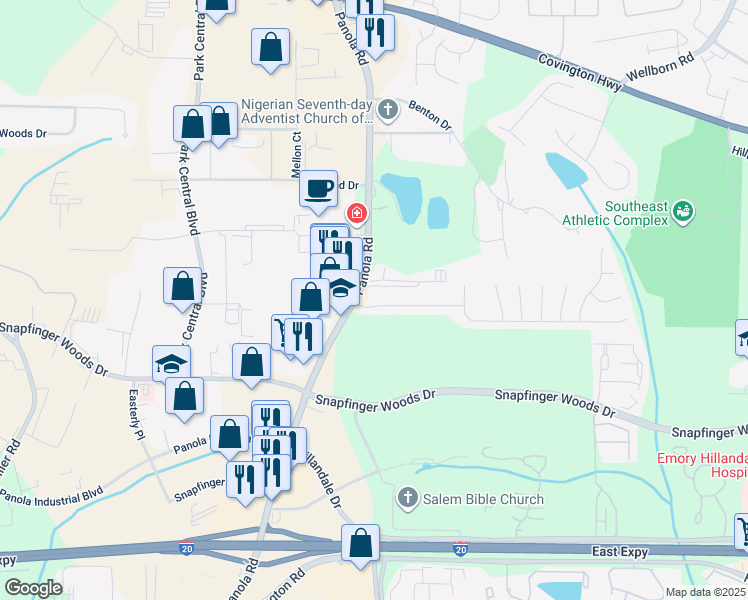 map of restaurants, bars, coffee shops, grocery stores, and more near 5272 Shirewick Drive in Lithonia