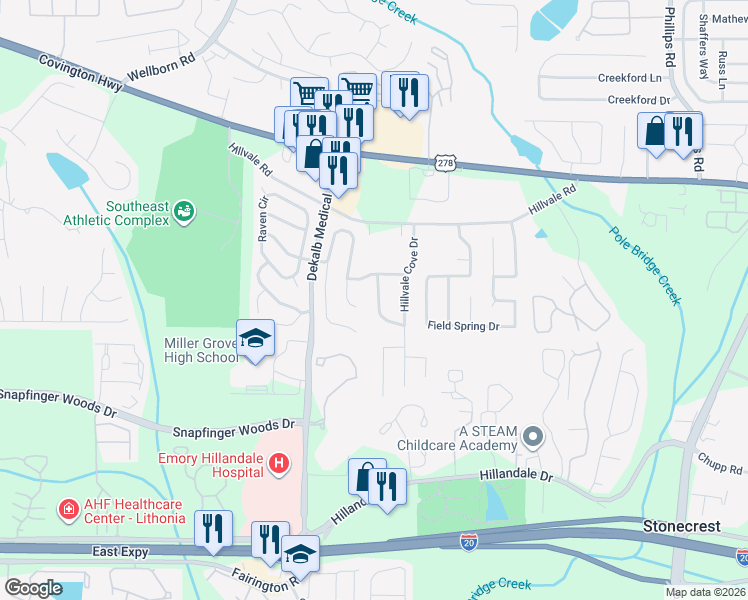 map of restaurants, bars, coffee shops, grocery stores, and more near 2794 Hillvale Cove Way in Lithonia