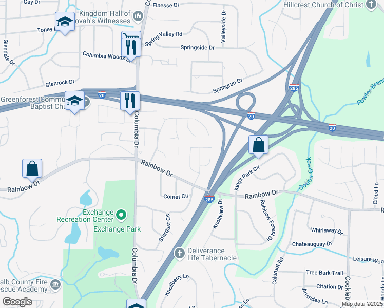 map of restaurants, bars, coffee shops, grocery stores, and more near 3455 Kingsbrooke Way in Decatur