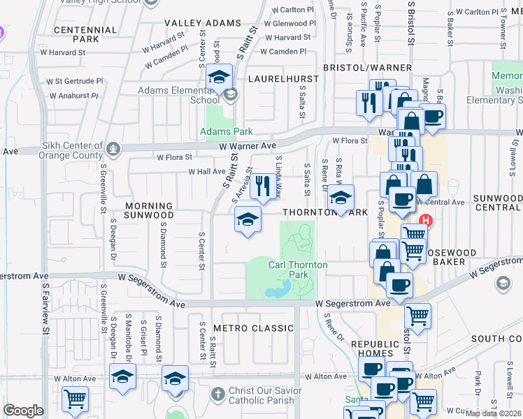 map of restaurants, bars, coffee shops, grocery stores, and more near 1913 West Adams Street in Santa Ana