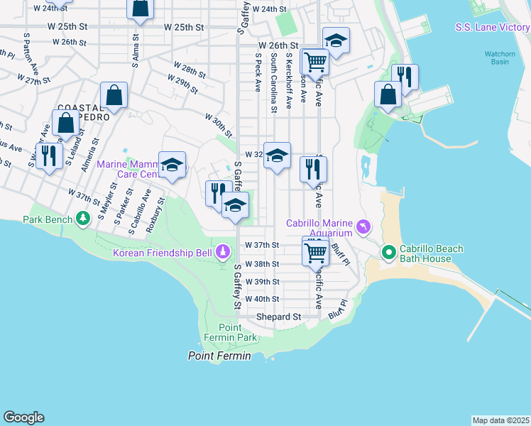 map of restaurants, bars, coffee shops, grocery stores, and more near 663 W 35th St in San Pedro