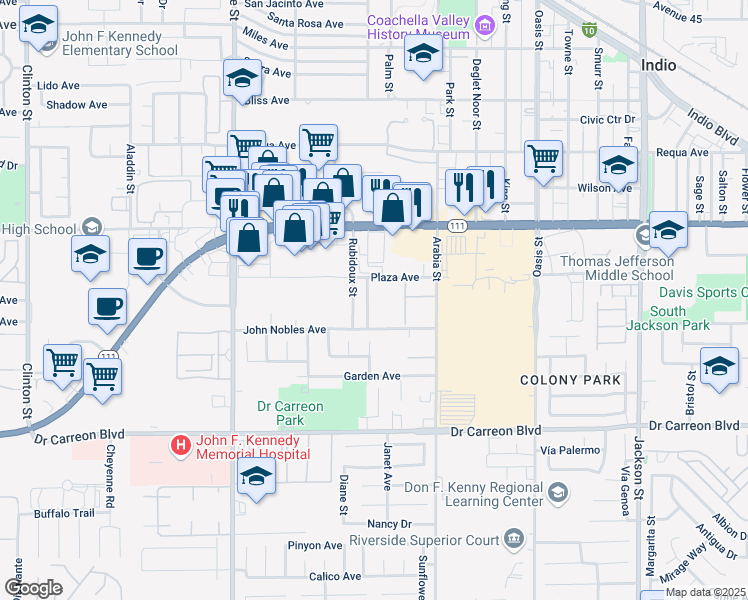 map of restaurants, bars, coffee shops, grocery stores, and more near 635 Plaza Avenue in Indio