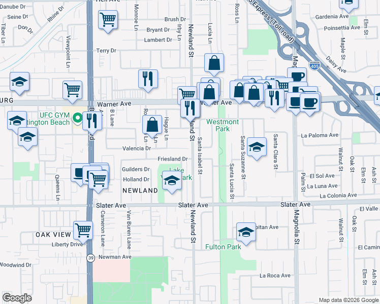 map of restaurants, bars, coffee shops, grocery stores, and more near 8472 Valencia Drive in Huntington Beach