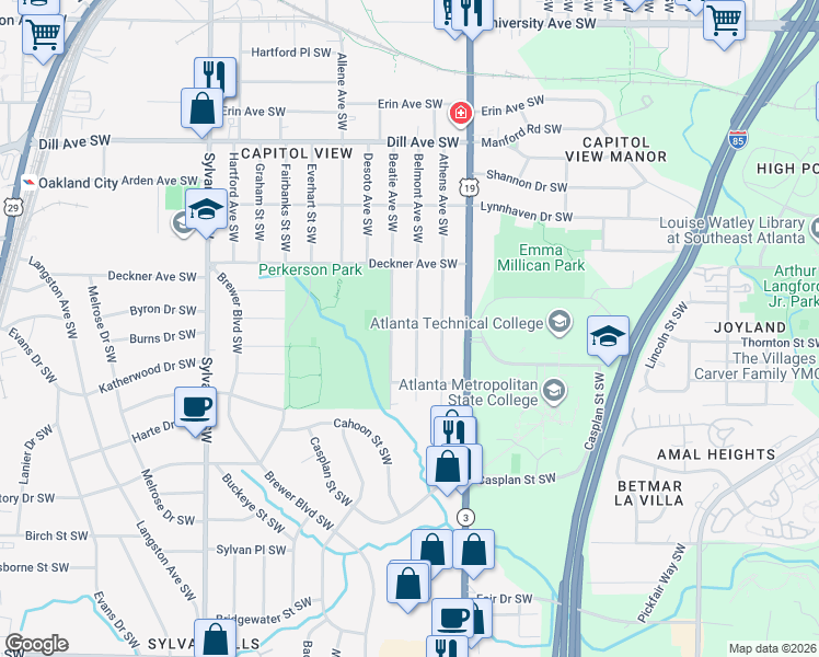 map of restaurants, bars, coffee shops, grocery stores, and more near 1558 Belmont Avenue Southwest in Atlanta