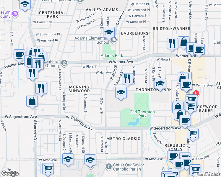 map of restaurants, bars, coffee shops, grocery stores, and more near 2605 South Raitt Street in Santa Ana