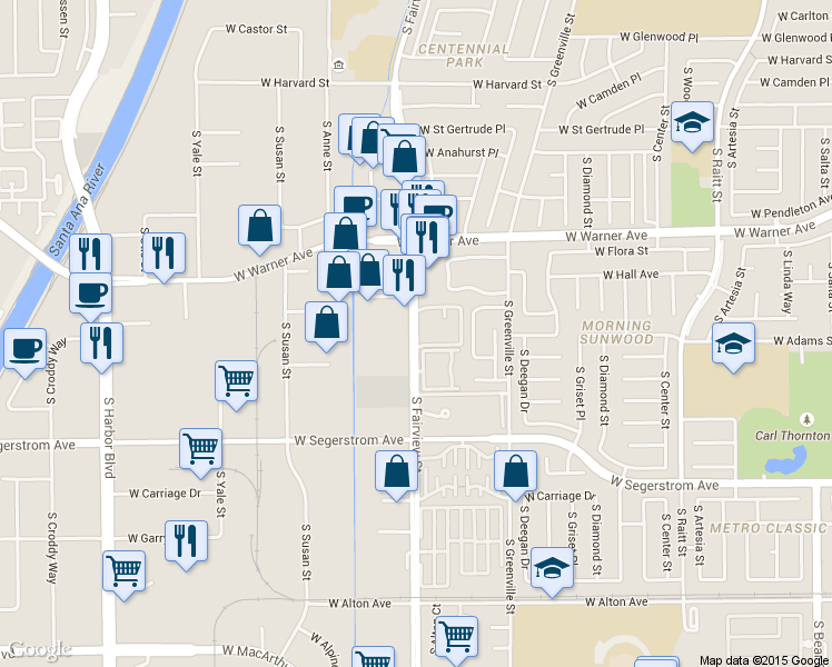 map of restaurants, bars, coffee shops, grocery stores, and more near 2556 South Fairview Street in Santa Ana