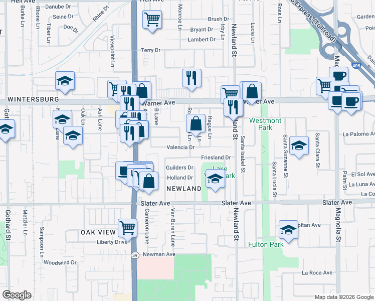 map of restaurants, bars, coffee shops, grocery stores, and more near 17202 Rotterdam Lane in Huntington Beach