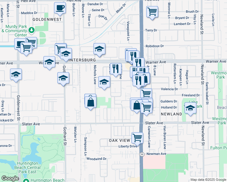 map of restaurants, bars, coffee shops, grocery stores, and more near 17212 Oak Lane in Huntington Beach