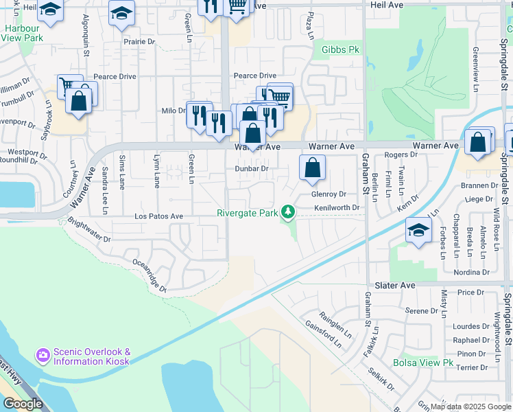 map of restaurants, bars, coffee shops, grocery stores, and more near 5101 Tortuga Drive in Huntington Beach