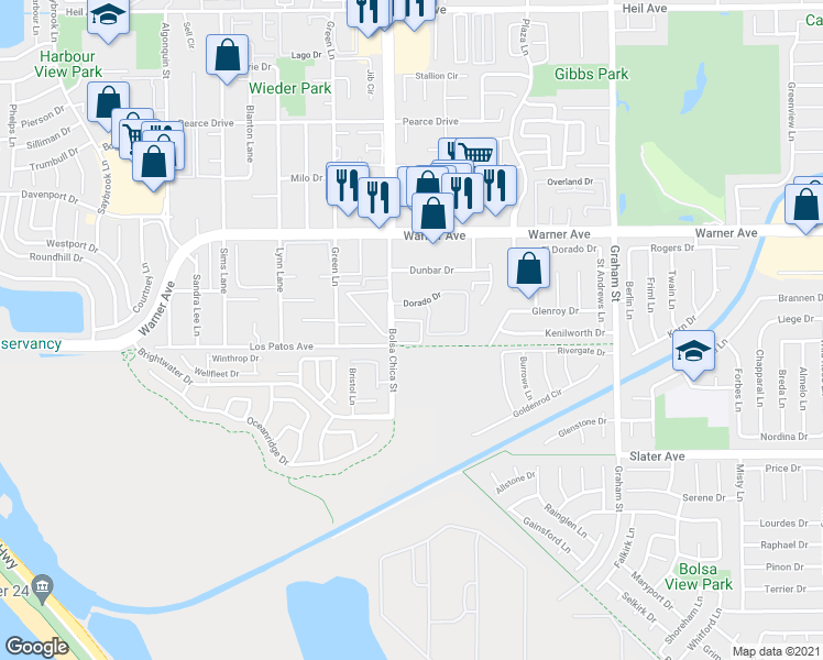 map of restaurants, bars, coffee shops, grocery stores, and more near 17172 Bolsa Chica Street in Huntington Beach