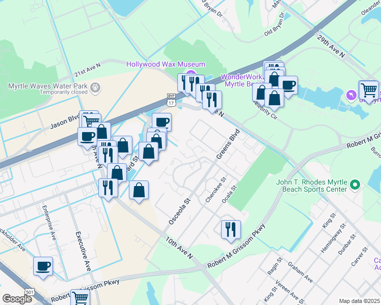 map of restaurants, bars, coffee shops, grocery stores, and more near 401 Chesterfield Court in Myrtle Beach