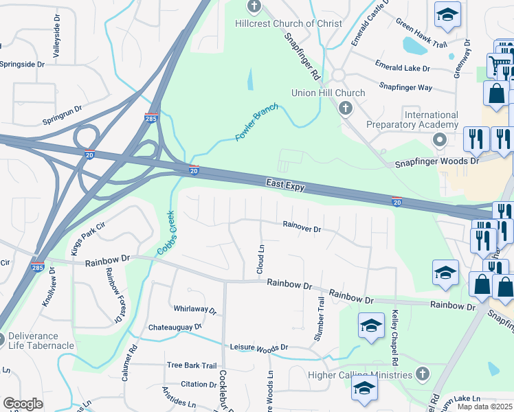 map of restaurants, bars, coffee shops, grocery stores, and more near 2565 Cloud Lane in Decatur