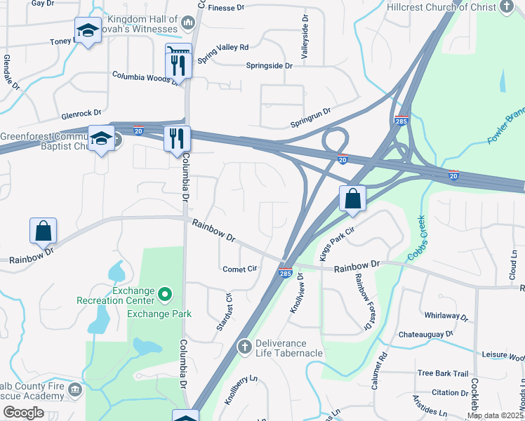map of restaurants, bars, coffee shops, grocery stores, and more near 3455 Kingsbrooke Way in Decatur