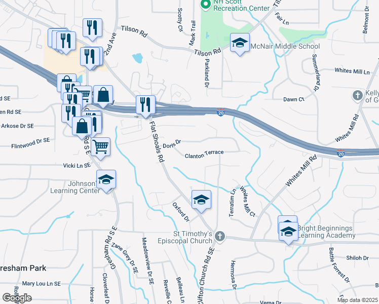 map of restaurants, bars, coffee shops, grocery stores, and more near 2168 Clanton Terrace in Decatur