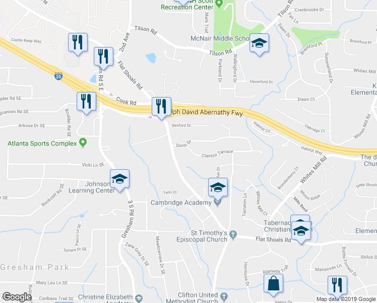 map of restaurants, bars, coffee shops, grocery stores, and more near 2135 Doris Drive in Decatur