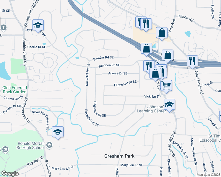 map of restaurants, bars, coffee shops, grocery stores, and more near 1662 Flintwood Drive Southeast in Atlanta