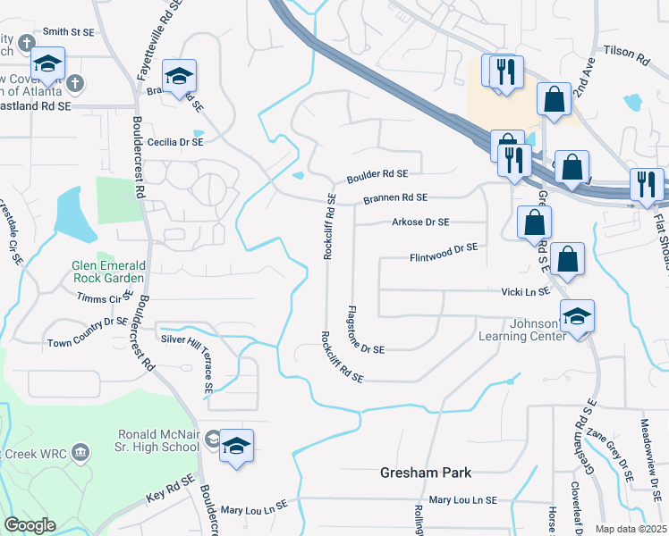 map of restaurants, bars, coffee shops, grocery stores, and more near 2608 Rockcliff Road Southeast in Atlanta