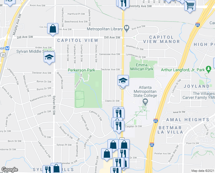 map of restaurants, bars, coffee shops, grocery stores, and more near 1558 Belmont Avenue Southwest in Atlanta