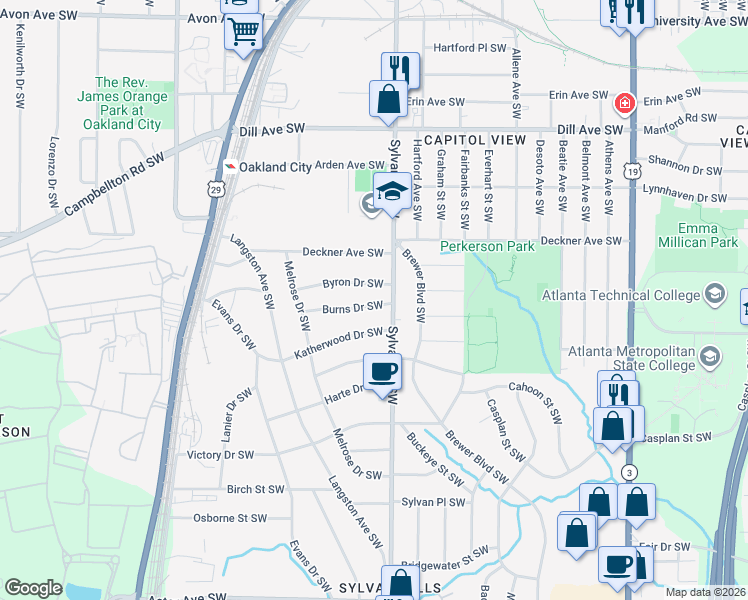 map of restaurants, bars, coffee shops, grocery stores, and more near 939 Burns Drive Southwest in Atlanta