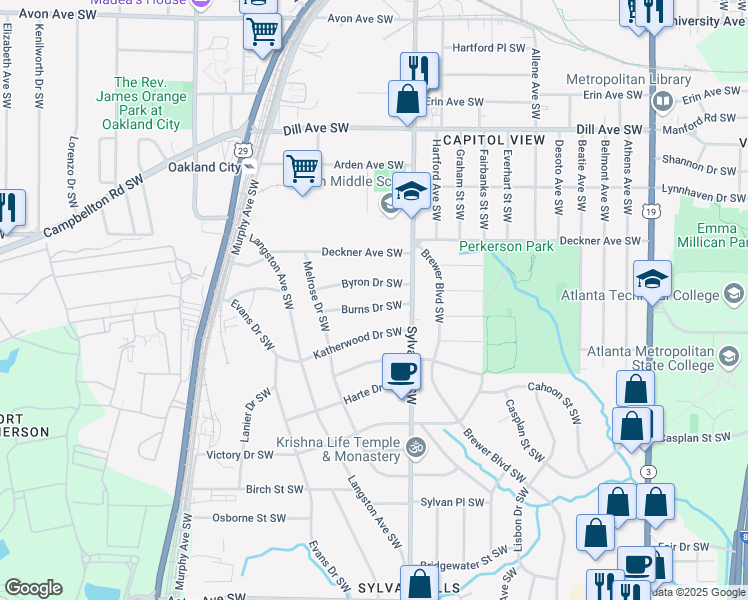 map of restaurants, bars, coffee shops, grocery stores, and more near 968 Byron Drive Southwest in Atlanta