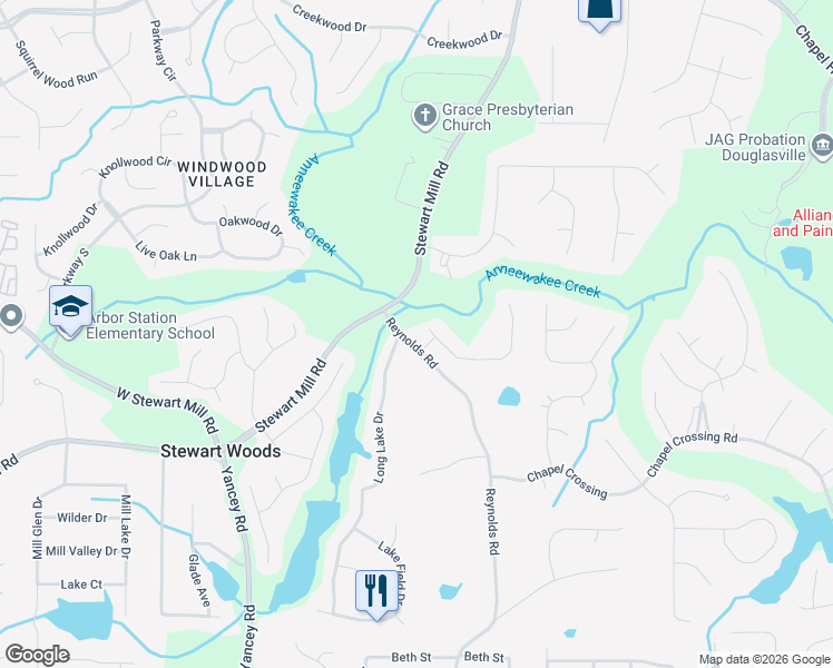 map of restaurants, bars, coffee shops, grocery stores, and more near 5189 Calgary Drive in Douglasville