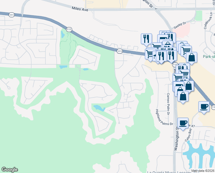 map of restaurants, bars, coffee shops, grocery stores, and more near 77786 Cherokee Road in Indian Wells