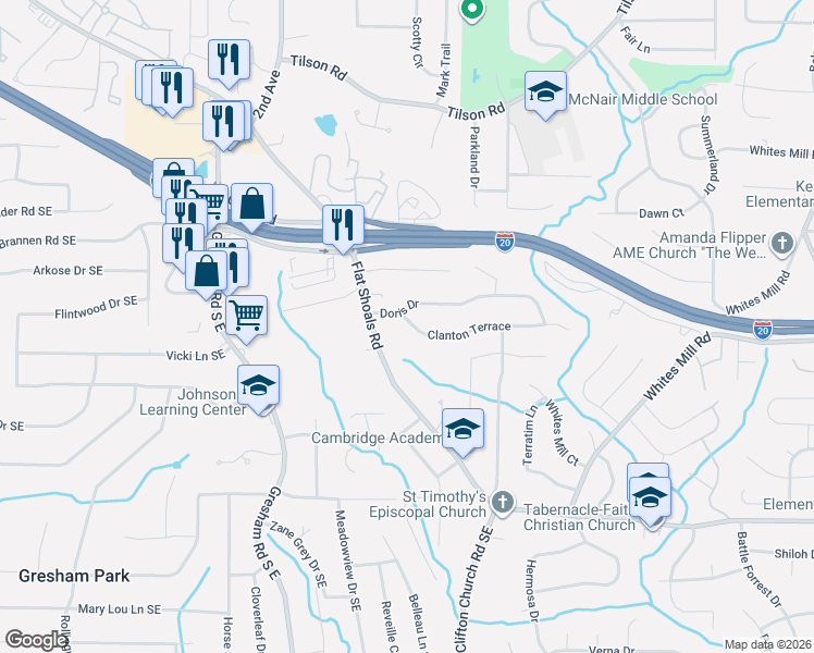 map of restaurants, bars, coffee shops, grocery stores, and more near 2135 Doris Drive in Decatur