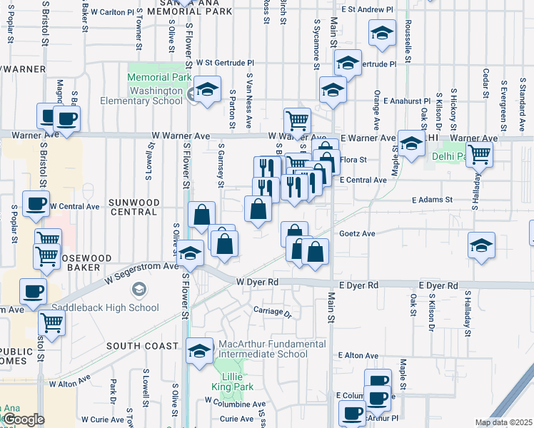 map of restaurants, bars, coffee shops, grocery stores, and more near 2530 South Birch Street in Santa Ana