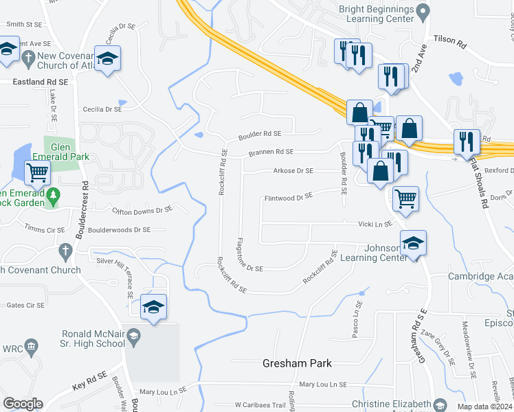 map of restaurants, bars, coffee shops, grocery stores, and more near 1699 Flintwood Drive Southeast in Atlanta