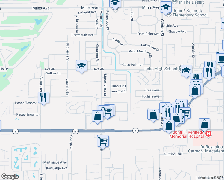 map of restaurants, bars, coffee shops, grocery stores, and more near 81093 Taos Trail in Indio