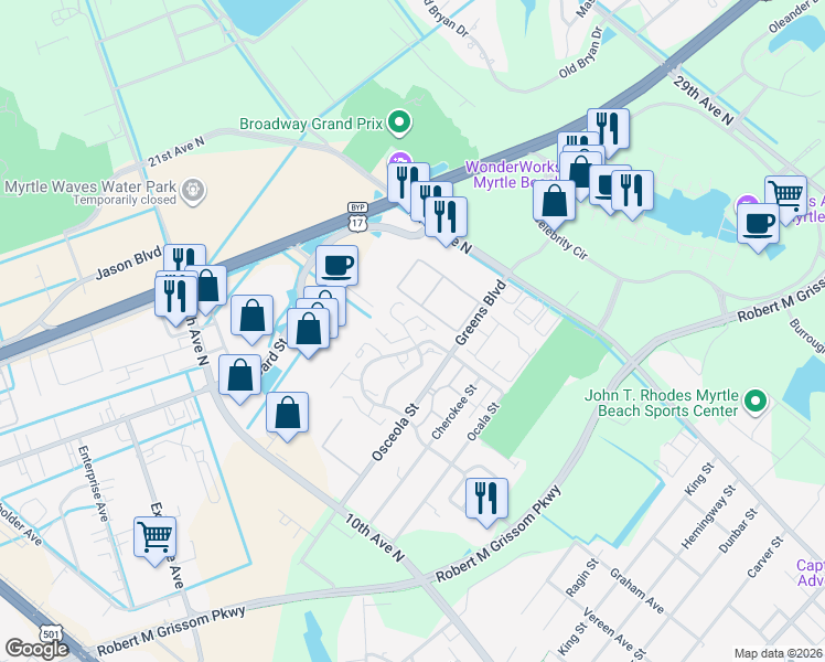 map of restaurants, bars, coffee shops, grocery stores, and more near 401 Chesterfield Court in Myrtle Beach