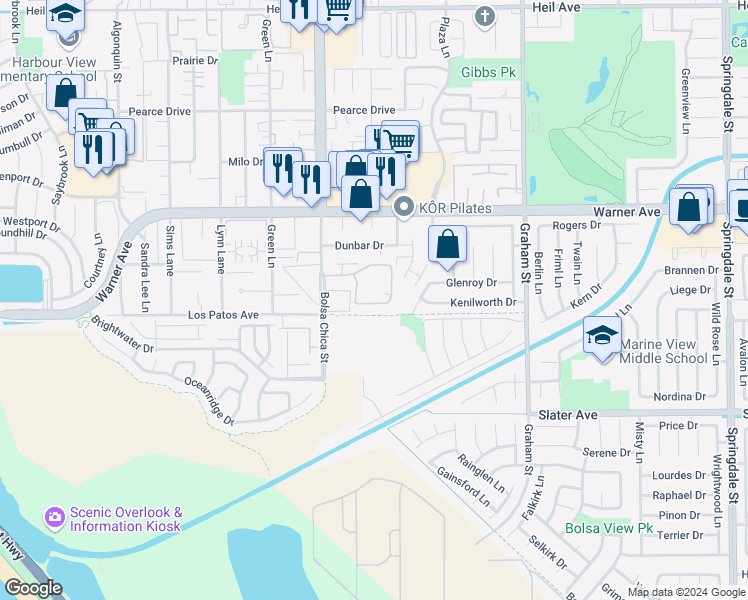 map of restaurants, bars, coffee shops, grocery stores, and more near 5145 Tortuga Drive in Huntington Beach