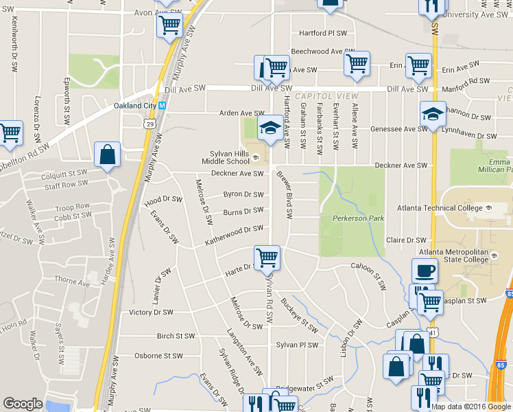 map of restaurants, bars, coffee shops, grocery stores, and more near 939 Burns Drive Southwest in Atlanta