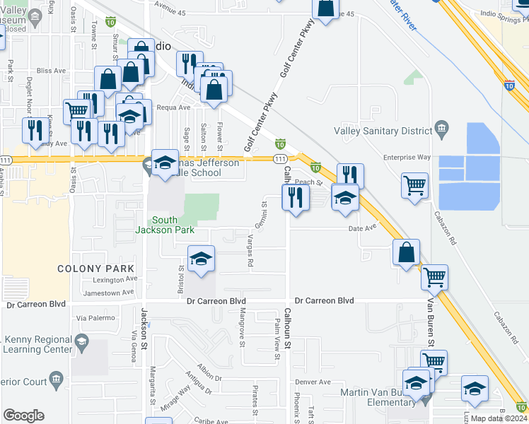 map of restaurants, bars, coffee shops, grocery stores, and more near 83385 Gemini Street in Indio