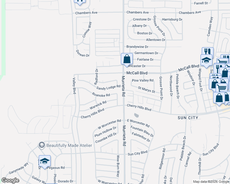 map of restaurants, bars, coffee shops, grocery stores, and more near 25929 Sandy Lodge Road in Menifee