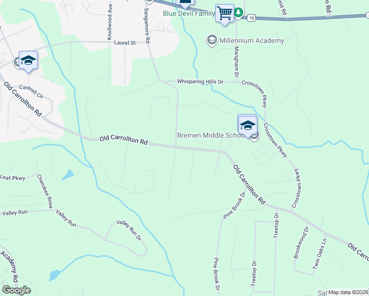 map of restaurants, bars, coffee shops, grocery stores, and more near Old Carrollton Road in Bremen