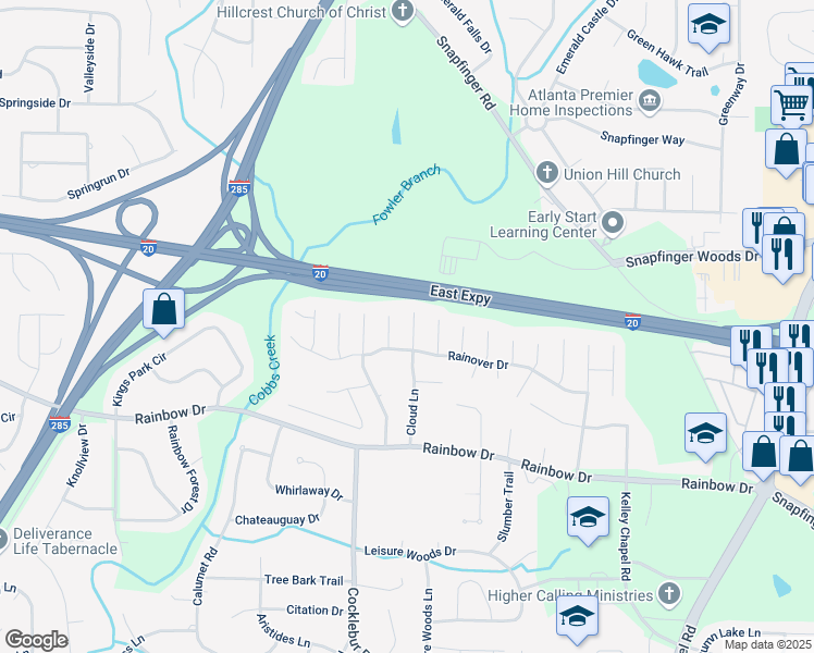 map of restaurants, bars, coffee shops, grocery stores, and more near 2565 Cloud Lane in Decatur