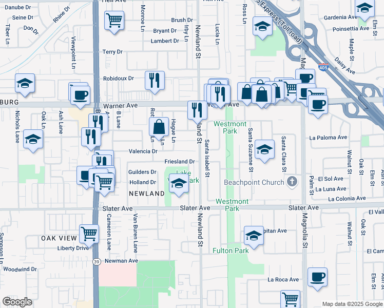 map of restaurants, bars, coffee shops, grocery stores, and more near 8461 Valencia Drive in Huntington Beach