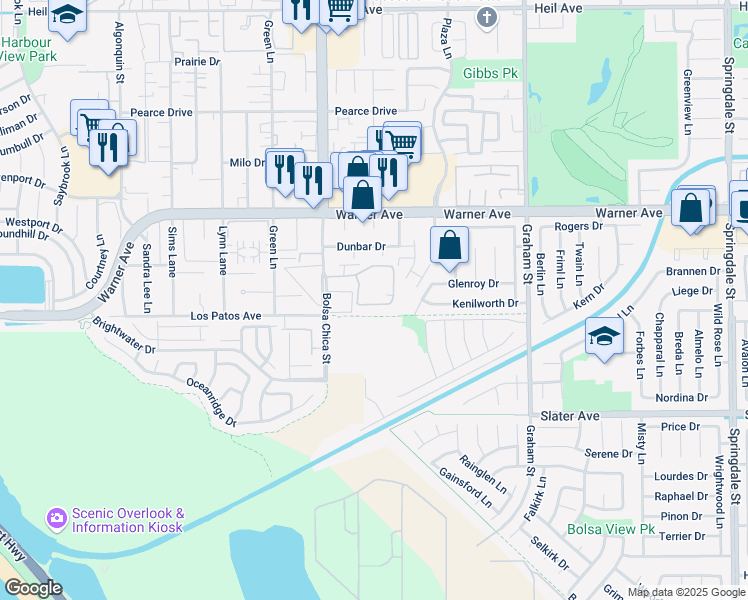 map of restaurants, bars, coffee shops, grocery stores, and more near 5101 Tortuga Drive in Huntington Beach