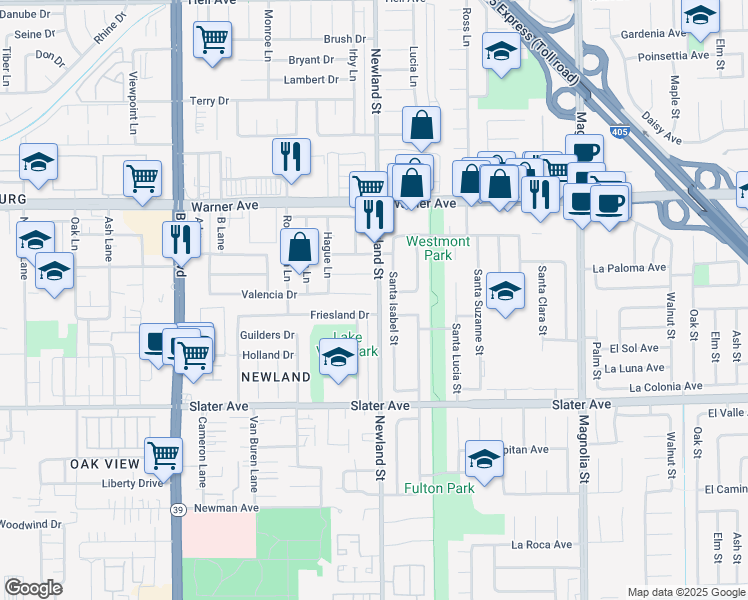 map of restaurants, bars, coffee shops, grocery stores, and more near 8472 Valencia Drive in Huntington Beach