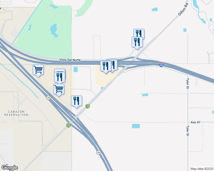map of restaurants, bars, coffee shops, grocery stores, and more near Dillon Road in Coachella