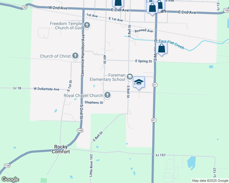 map of restaurants, bars, coffee shops, grocery stores, and more near 421 Rocky Comfort Road in Foreman