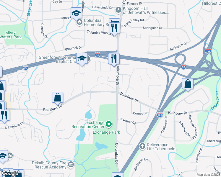 map of restaurants, bars, coffee shops, grocery stores, and more near 3342 Rainbow Drive in Decatur