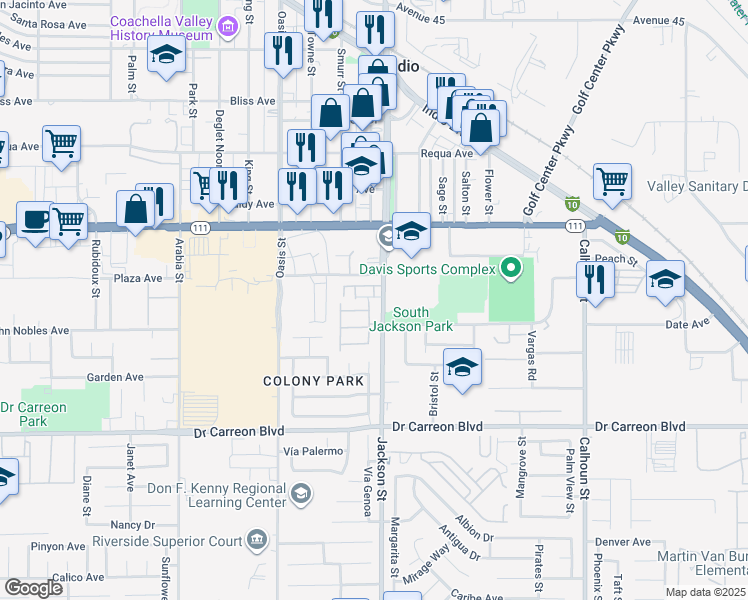 map of restaurants, bars, coffee shops, grocery stores, and more near 46221 Jackson Street in Indio