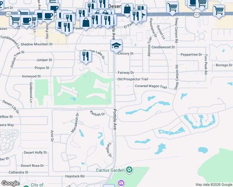 map of restaurants, bars, coffee shops, grocery stores, and more near 74020 Setting Sun Trail in Palm Desert