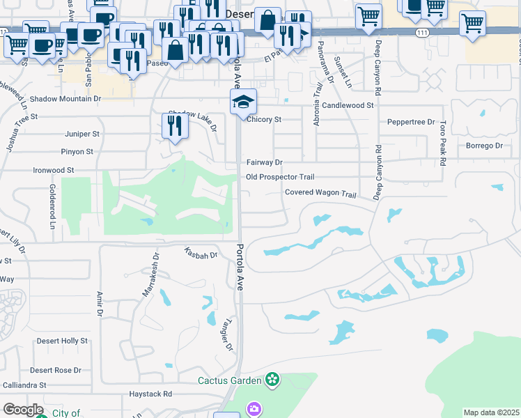 map of restaurants, bars, coffee shops, grocery stores, and more near 74090 Setting Sun Trail in Palm Desert