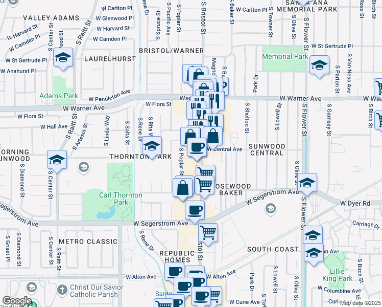 map of restaurants, bars, coffee shops, grocery stores, and more near 2604 South Bristol Street in Santa Ana