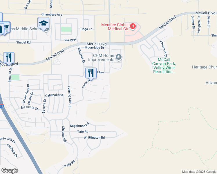 map of restaurants, bars, coffee shops, grocery stores, and more near 28082 Juniper Tree Lane in Menifee