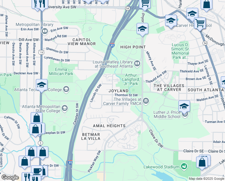 map of restaurants, bars, coffee shops, grocery stores, and more near 1408 Arthur Langford Junior Pl, Southwest in Atlanta